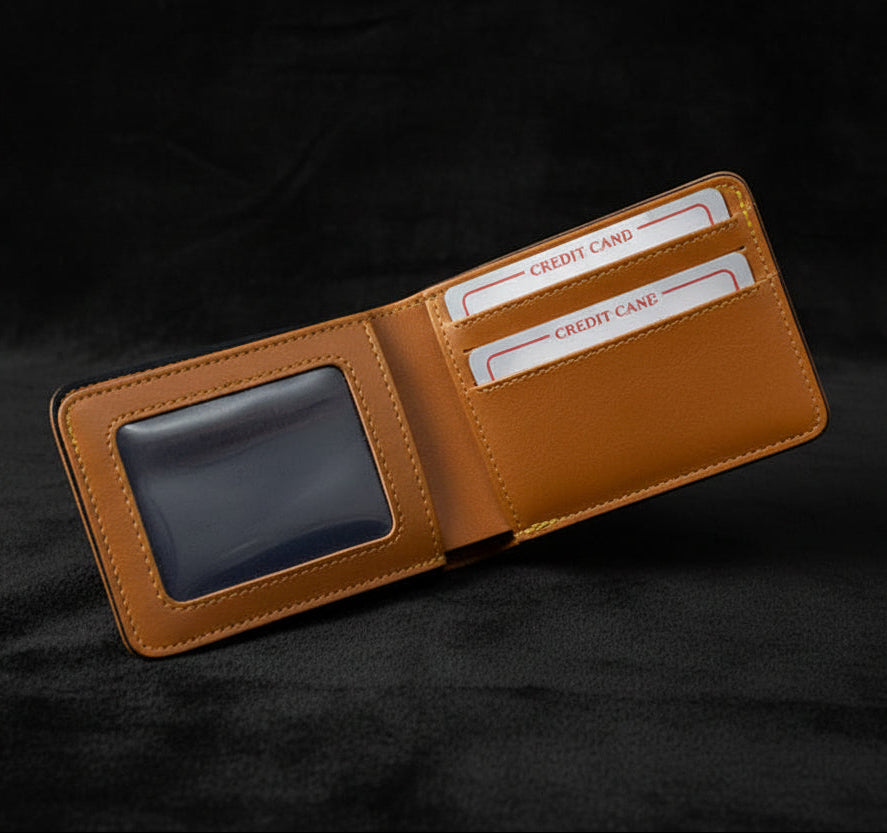 Hand holding a brown wallet against a textured white background