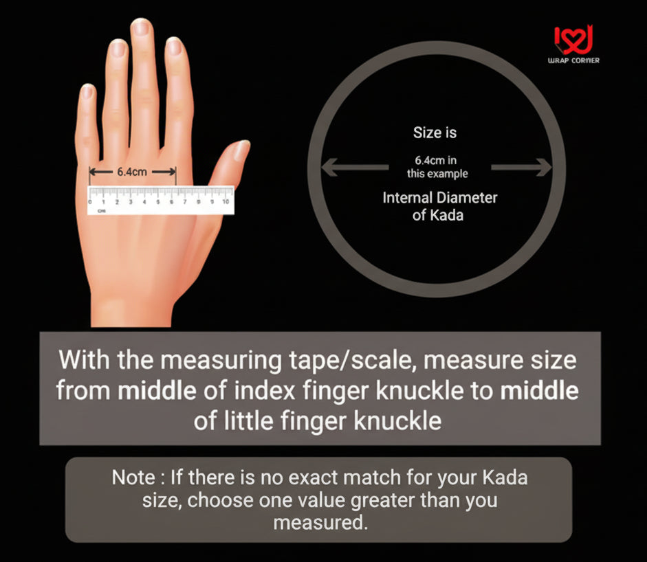 Instructions on measuring Kada size using a hand and measuring tape