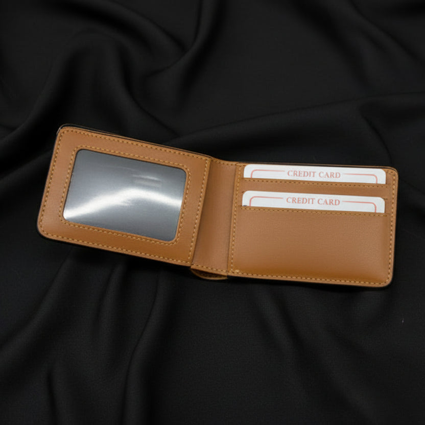 Hand holding a brown wallet against a textured white background
