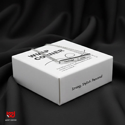 White jewelry box with a necklace on a black background