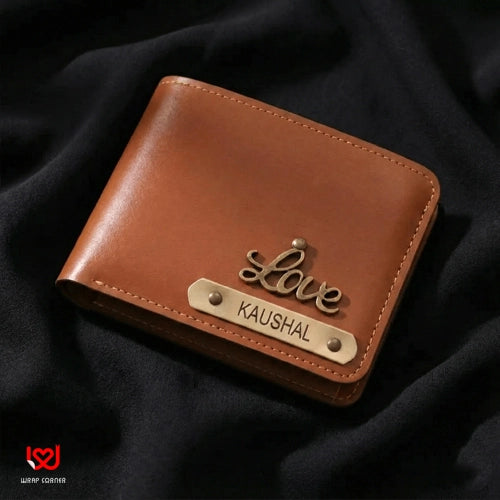 Brown leather wallet with 'Love' and 'KAUSHAL' engraving on a black background