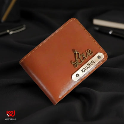 Brown leather wallet with 'Love Kaushal' engraving on a black fabric background